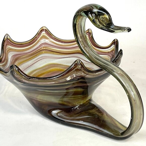 Murano VTG Sonner Swirl of colors Style Hand Blown Art Glass Swan Bowl Dish. - Picture 9 of 9
